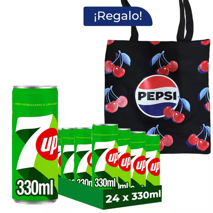 Pack Regalo Seven Up Original 24 Latas x 330 ml + Tote Pepsi, Refresco de Lima con Gas, Bebida Carbonatada, Sabor Burbujeante, Puro y Refrescante, sin Cafeína, Auténtico Sabor y Versatilidad - 1