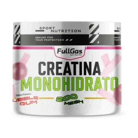FULLGAS - Creatina Monohidrato 200 Mesh en polvo - Bubblegum - 250g -Polvo ultrafino para mayor solubilidad. Sin gluten, sin lactosa y sin contaminantes. 100% vegana. Sabor bubblegum - 1