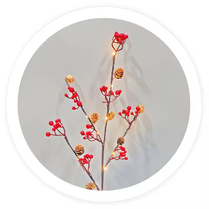 Gsc Evolution Rama Decorativa LED Piñas y Bayas Rojas GSC - 0.75 M - Luz Cálida - Funciona a Pilas - Decoración Navideña - 1