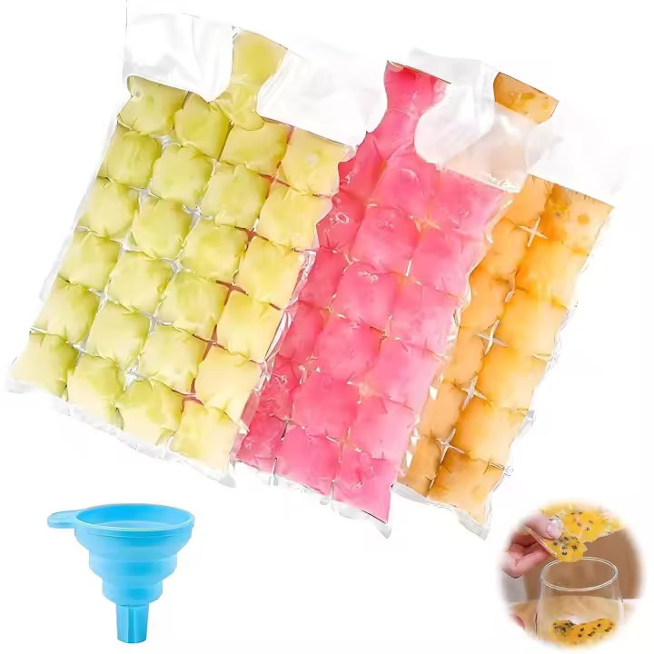 100 Piezas Bolsa de Cubitos de Hielo, Ice Cube Bolsas Desechables con Embudo de Silicona, Que Se Pueden Sellar AutomáTicamente para Whisky, CóCteles, Bebidas, Barbacoa y Viajes, 2400 Cubitos de Hielo - 1