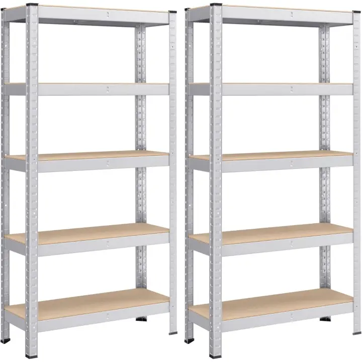 SONGMICS Juego de 2, Estantería Pesada de 5 Niveles, Estantería de Acero, Montaje Rápido, para Instrumentos, Garaje, Almacén, Trastero, Carga de 650 kg, 30 x 75 x 150 cm, Negro/Plata - 1