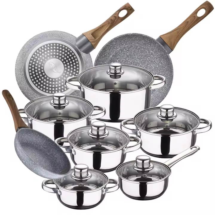 San Ignacio Batería de Cocina 12 Piezas en Acero Inoxidable con Juego de Sartenes y Tapas de Vidrio - 1
