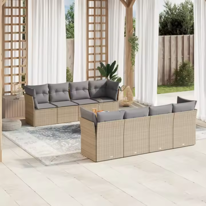 vidaXL Juego de sofás jardín con cojines beige mezcla 9 pzas ratán PE - 1