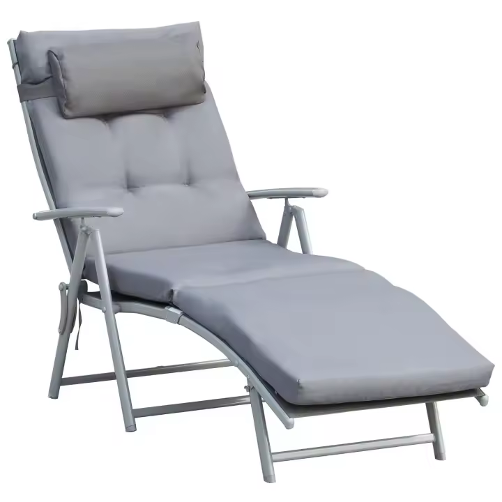 Outsunny Tumbona Plegable Tumbona de Jardín con Respaldo Ajustable en 7 Posiciones con Cojín Cuerpo Entero y Cabeza para Terraza Piscina Carga 165 kg 137x63,5x100,5 cm Gris - 1