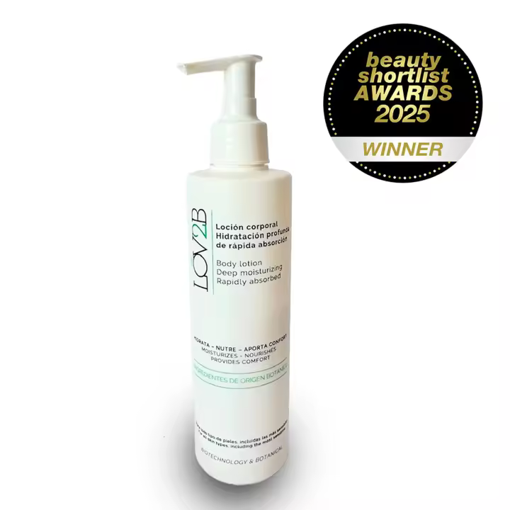 LOV2B Loción corporal hidratación profunda de rápida absorción. Aporta elasticidad, suavidad y firmeza. 100% natural. Elegida MEJOR LOCIÓN CORPORAL 2025 por los prestigiosos premios internacionales Beauty Shortlist Awards. - 1