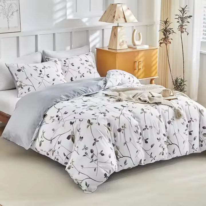 Lekesky White King Size Duvet Cover Sets Botanical Grey Leaf Print White Bedding Sets King Size (1x Quilt Cover, 2x Pillowcases) Soft Microfiber Duvet Cover Sets 230x220 cm, Botanical - 1