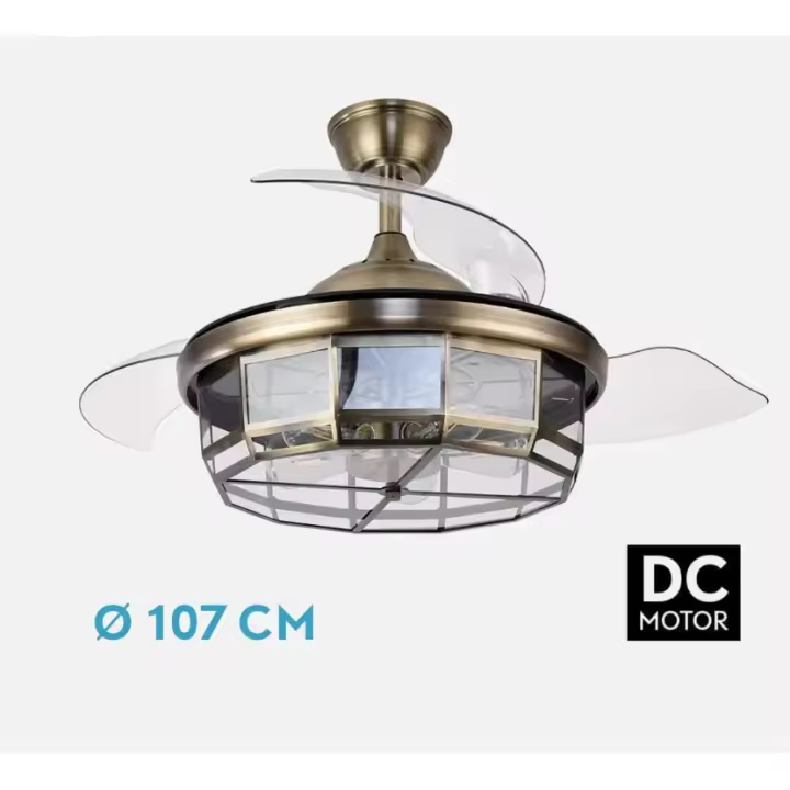 FABRILAMP PREMIUM Ventilador Motor Dc Tornado CUERO 5x BOMBILLA E27 107d 3aspas Desplegables 6velocidades C/remoto Y Temporizador 1/2/4H Incluye mando a distancia y dos tijas de 10 y 25 centímetro Productos originales calidad de confianza Descripcion - 1