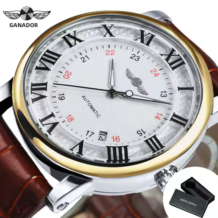 Reloj Mecánico De Moda WINNER Para Hombre Con Straps De Cuero Marrón Y Calendario Date Resistente Al Agua Y Shock Con Display Romano - 1
