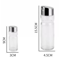 Set de aceitera, vinagrera, salero y pimentero de cristal y acero - Diseño clásico, antigoteo, recipientes rellenables - 4 piezas, Medida 15.5x4.5cm, 9x3 cm - details 2