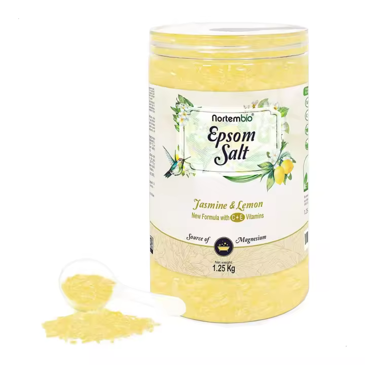 Nortembio.Sal Epsom 1,25g. Frangancia Jazmín y Limón. Sal de Baño Hidratada con Vitamina C y E. Relajación y Aromaterapia. - 1
