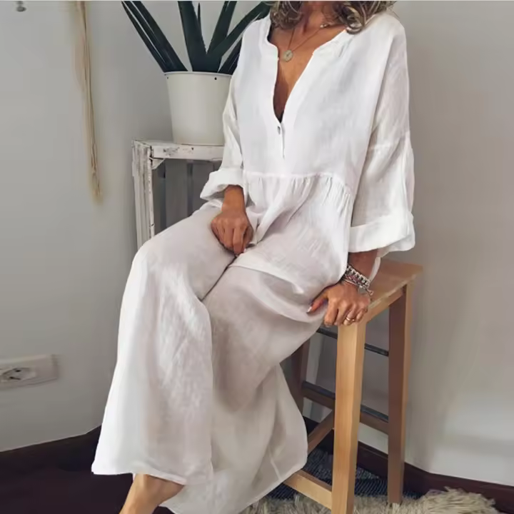 Vestido Casual De Algodón Lino Para Mujer Manga Larga Cuello V Midi Verano Elegante Holiday Weekend Street Dresses - 1