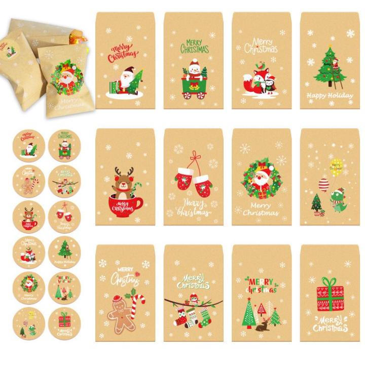 24/48PCS Christmas Kraft Paper Bag Biscuit Cookie Wrapping Gift Envelope Decoration New Year 2025 Christmas Party Bag Xmas 2024