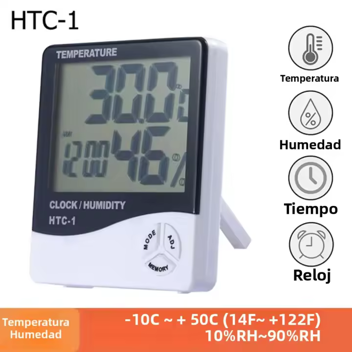 Medidor De Temperatura Y Humedad Digital LCD HTC-2/HTC-1 Estación Meteorológica Con Reloj Para Interiores Y Exteriores Uso Doméstico - 1