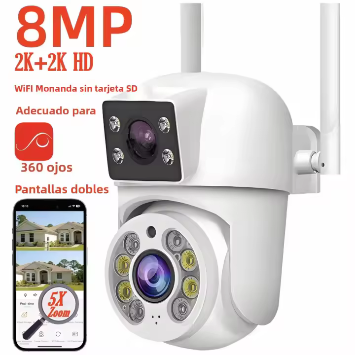Cámara De Seguridad IP WIFI 8MP Con Doble Lente Y Pantalla Manual Visión Nocturna En Color PTZ Exterior Dominó HEE RAK - 1