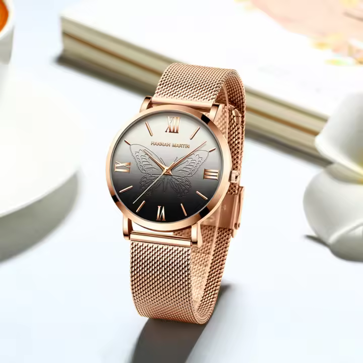 Reloj De Cuarzo Para Mujer Hannah Martin Diseño Original Con Mariposa 3D En Oro Rosa Cuerda De Acero Inoxidable Resistente Al Agua Y Al Choque - 1