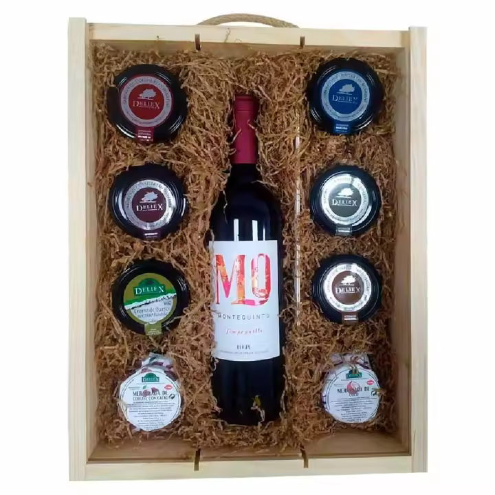 Deliex delicias de Extremadura. Estuche con vino Montequinto Rioja 75 cl, cremas de queso, patés y mermelada. - 1