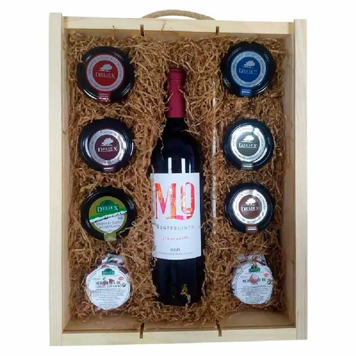 Deliex delicias de Extremadura. Estuche con vino Montequinto Rioja 75 cl, cremas de queso, patés y mermelada. - 1