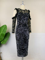 Vestido De Velours Negro AOMEI Para Mujer Con Lentejuelas Y Encaje Manga Larga Vintage Escote Hombro Frío Lujo Brillante Para Fiesta De Noche Y Premios - details 3