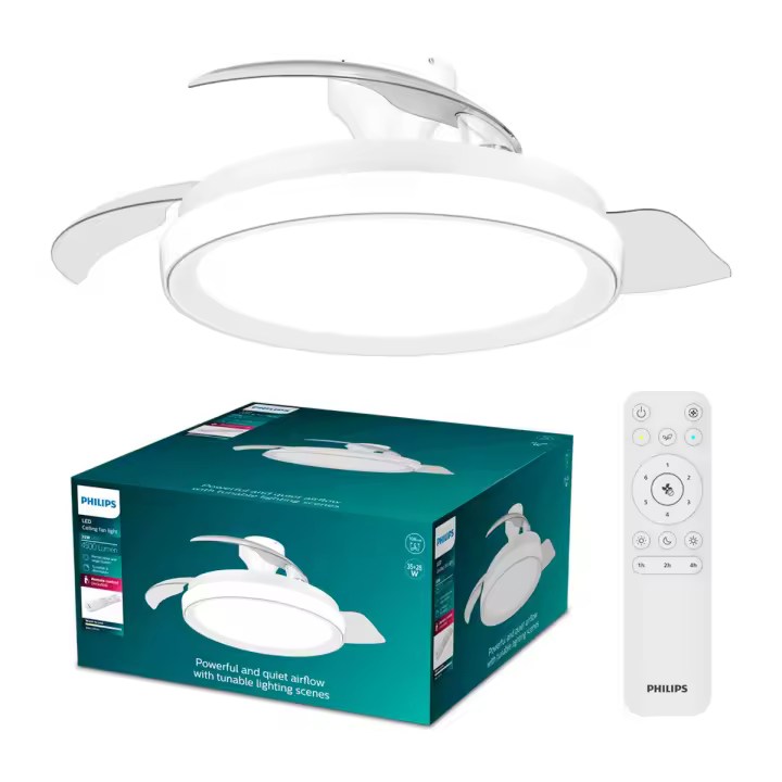 BLISS BLANCO - Ventilador Philips Bliss de Techo Metal Blanco con 3 aspas retractiles Ultrasilencioso con luz LED CCT DIMABLE motor DC Ventilador Bliss Blanco 35+28W - PHILIPS 2026 - 1