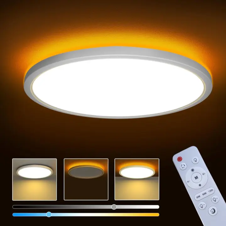 Lámpara techo ultraplana LED dorada, ideal para dormitorios y despachos. Con iluminación trasera ámbar, sirve como lámpara de noche. - 1