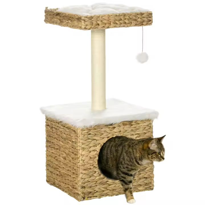 PawHut Árbol para gatos de 2 niveles con 1 condominio, 1 poste de sisal, 1 plataforma de observación y 1 pompón colgante - 2 cojines extraíbles - Jacinto de agua - 1