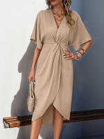 Vestido JIM & NORA 2024 Verano Para Mujer Cintura Alta Elegante Tipo Wrap Cuello En V Midi De Cintura Con Decoración Ruched Estilo Oficina - details 4