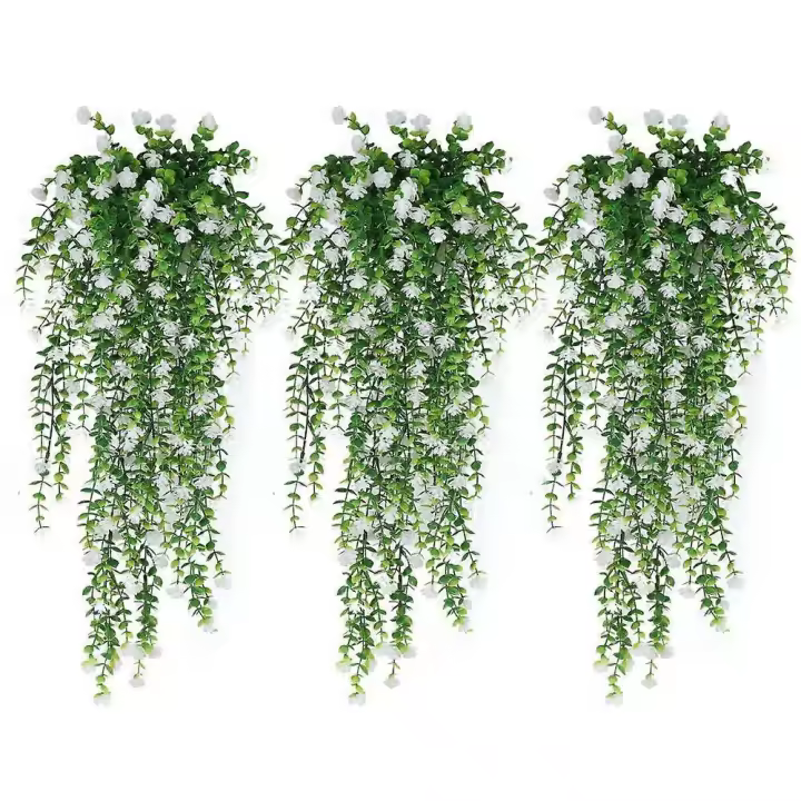 Artificial Hanging Plants Fake Hanging Plant Faux Eucalyptus Leaf Greenery Vine Outdoor Home Garden Decor(White) - 1