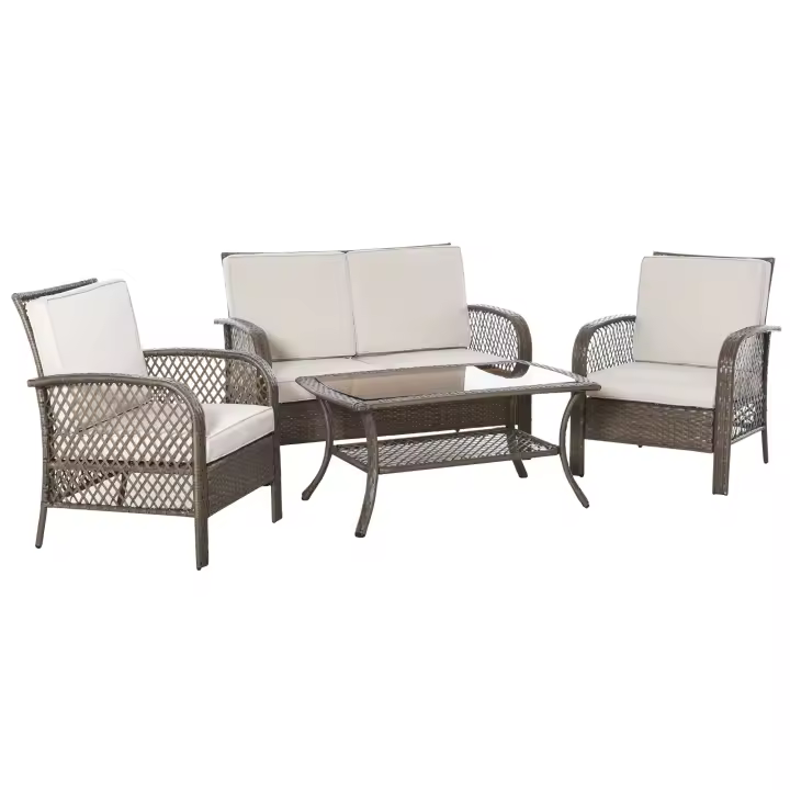 Outsunny Conjunto de 4 Muebles de Jardín de Ratán PE Sillón Sofá Doble y Mesa de Café con Cojines Lavable para Exterior Terraza Patio Marrón y Caqui - 1