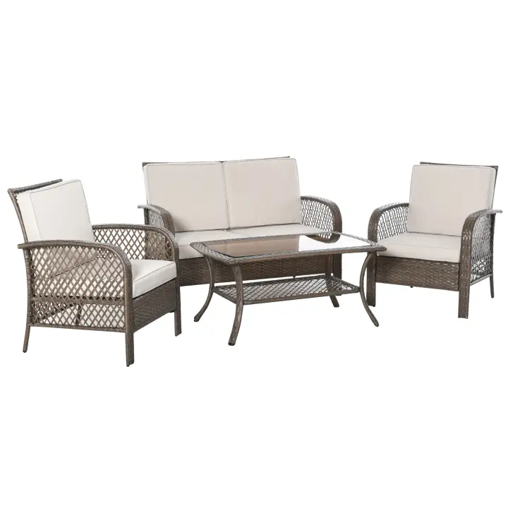 Outsunny Conjunto de 4 Muebles de Jardín de Ratán PE Sillón Sofá Doble y Mesa de Café con Cojines Lavable para Exterior Terraza Patio Marrón y Caqui - 1