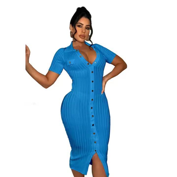 Vestido De Crochet Para Mujer De Corte Bodycon Con Manga Regular Y Cuello En V Vestido Fino Y Ajustado De Pierna Para Calle Moda Hipster - 1