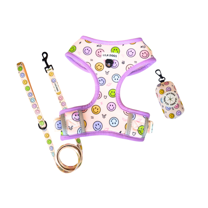 PACK ARNÉS + CORREA + PORTABOLSAS perro. Disponible en tallas de la XXS a la L. Antitirones. Arnés ajustable en cuello y pecho para perros de todos los tamaños. Marca Lila Dogs