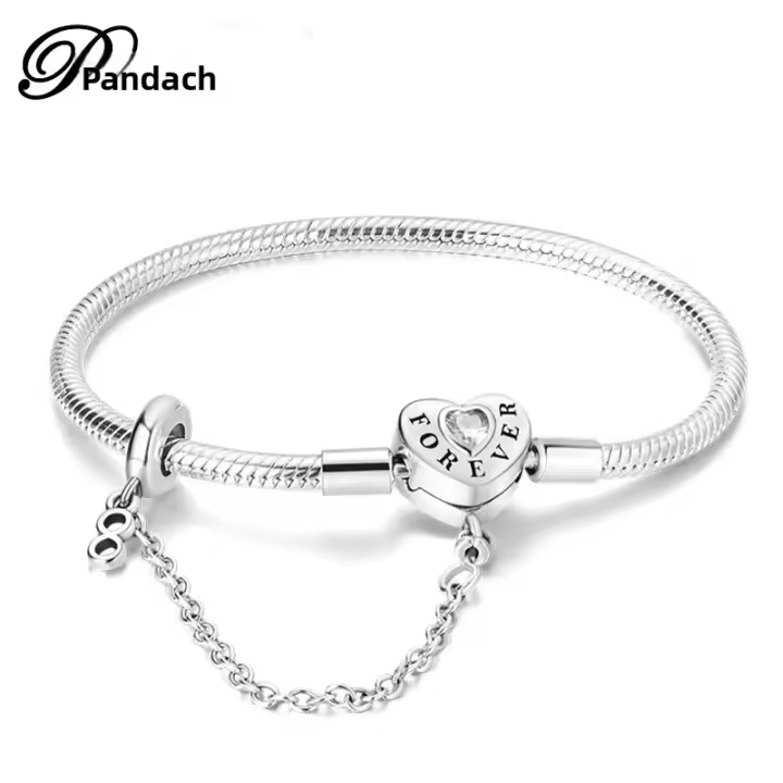 Pulsera De Corazón Rosado En Plata De Ley 925 Con Cadena De Seguridad Estrellada Y Luna Cadena De Serpiente Adecuada Para DIY Joyería Con Encantos Y Cuentas Para Mujer - 1