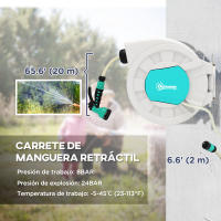Outsunny Enrollador de Manguera para Jardín 20+2 m Carrete de Manguera de Jardín de Pared Manguera Enrollable con Boquilla de 7 Funciones Bloqueo Retorno Automático y Giro de 180° Gris Claro - details 0