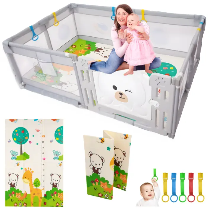 PARVULI Parque Infantil Bebe 120x180 cm - Corralito Bebe con 6 agarraderas y Alfombra de Juegos Acolchada - Parque Bebes para Casa Plegable con Malla Transpirable y Vayas con Protecciones - 1