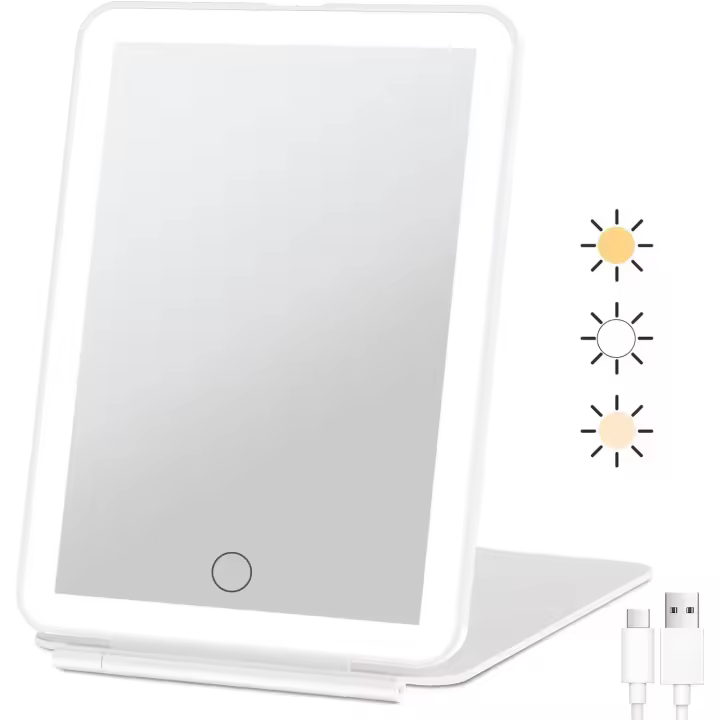 Espejo de vanidad de maquillaje de viaje, Espejo de Belleza de maquillaje iluminado portátil, Pantalla táctil regulable, Espejo cosmético plegable de Mesa LED - 1
