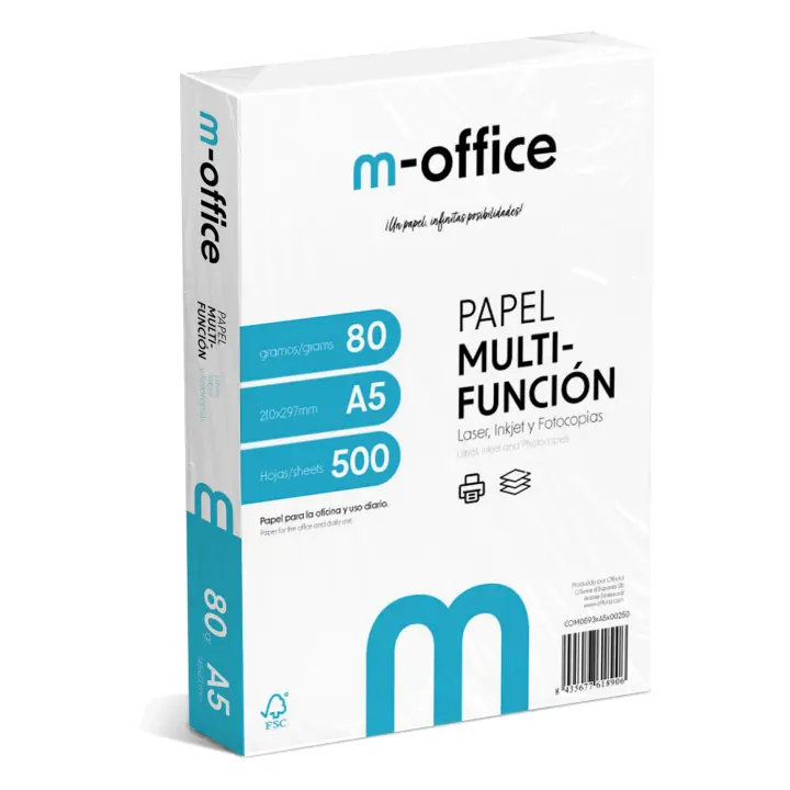 Paquete Folios A5 80gr, Paquete de 500 hojas, Papel Multifunción para Impresora Inkjet y Láser, Hojas A5 148 x 210 mm Ideales para la Oficina como para el Hogar · m-office (500 hojas) - 1