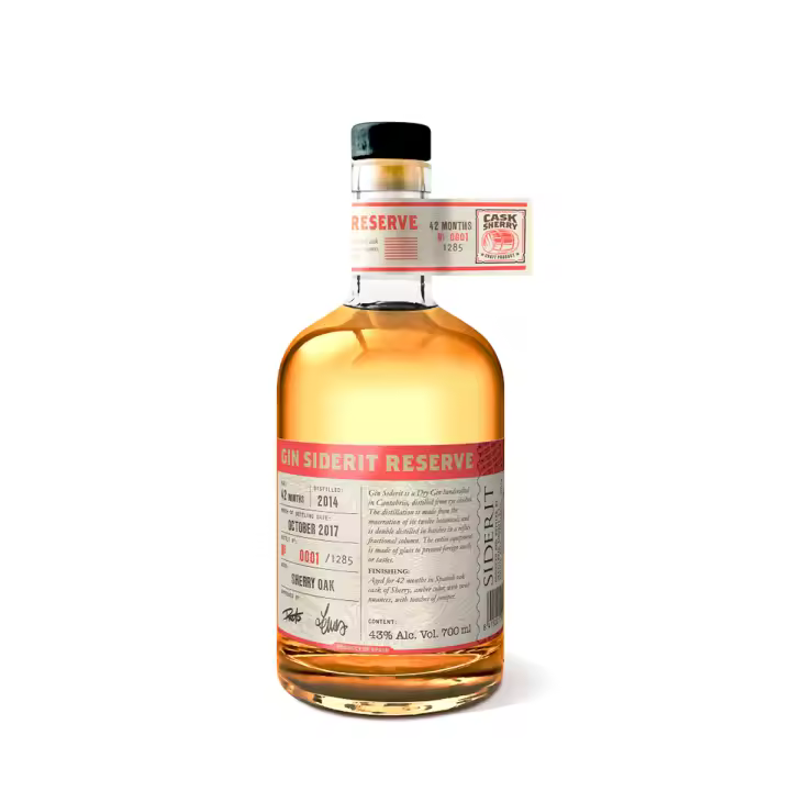 SIDERIT Sherry Cask - Ginebra premium, 43% Vol, 700 ml, 42 meses en barricas de sherry, con 1,285 botellas numeradas. Notas de enebro, madera y jerez. Edición limitada. - 1