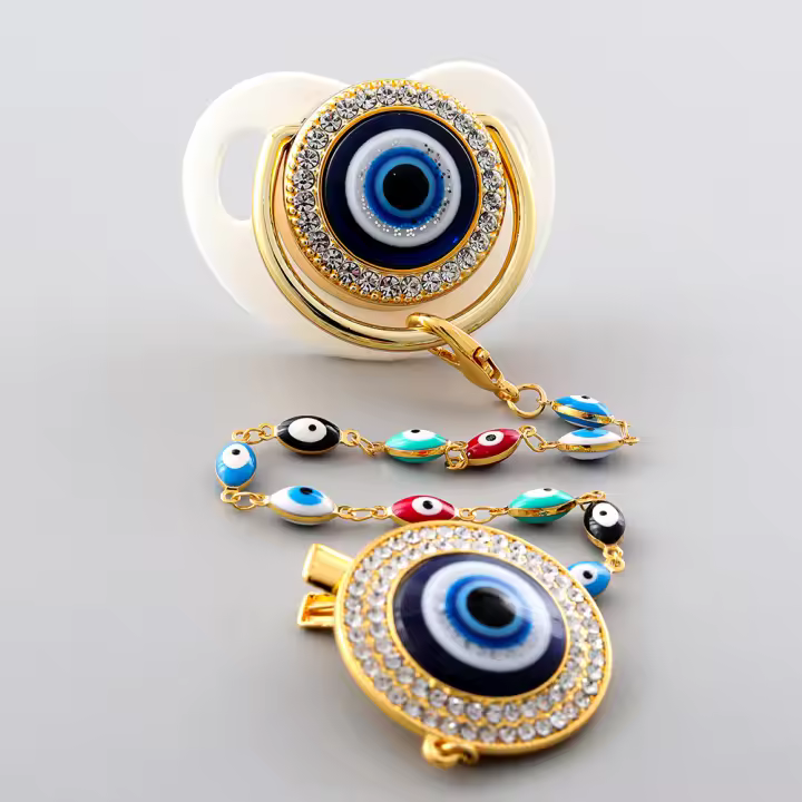 Chupete De Silicona Para Bebé Con Cadena Y Ojo Maléfico Blanco Oro Brillante Nuevo Nacido Chupón BPA Libre Animal - 1