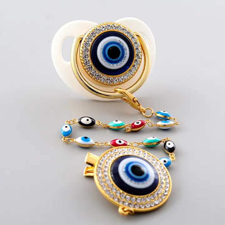 Chupete De Silicona Para Bebé Con Cadena Y Ojo Maléfico Blanco Oro Brillante Nuevo Nacido Chupón BPA Libre Animal - 1