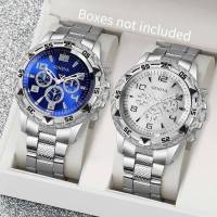 Reloj De Negocios Para Hombre Moda Lujo Dial Grande 2PCS Reloj De Cuarzo Sin Caja Material De Correa Aluminio Marcadores Arábigos Estilo Casual - details 2