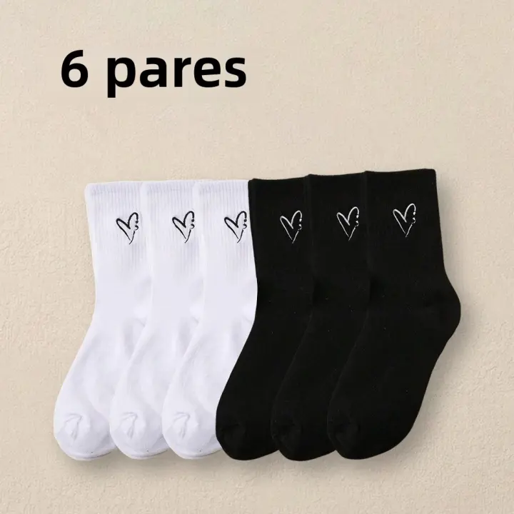 6 Pares De Calcetines De Corazón Negros Y Blancos Para Mujer De Medio Tamaño Transpirables Moda Primavera Verano Colección Casual - 1