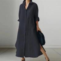 Vestido Largo Elegante Para Mujer Con Cuello Enrollado Y Abertura Casual A-Line Sólido Moda Solapa Simple Suéter Vestido De Manga Regular De Poliéster Con Estiramiento Leve - details 2