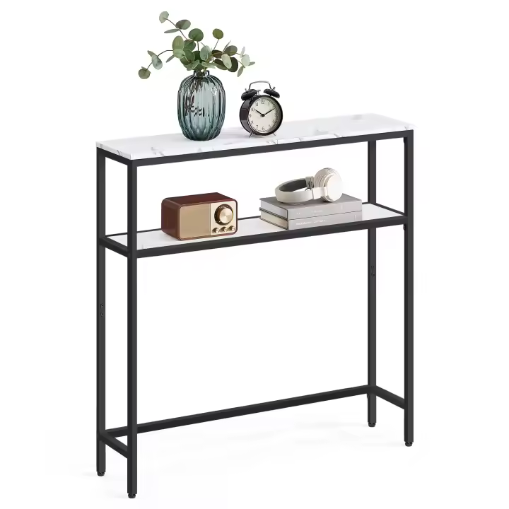 VASAGLE Mesa de Consola, Mesa Auxiliar Estrecha, 20 x 80 x 80 cm, Mesa de Entrada Moderna con 2 Estantes, para Sala de Estar, Dormitorio, Blanco Mármol y Negro Tinta /Gris Carbón y Negro Tinta/Greige Mélange y Negro Tinta/ Marrón Rústico y Negro Tinta - 1