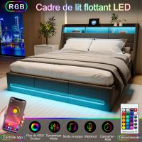Cama baúl con somier, puertos USB Type-C y luz LED, tapizada en lino gris, 140x200 cm - details 4