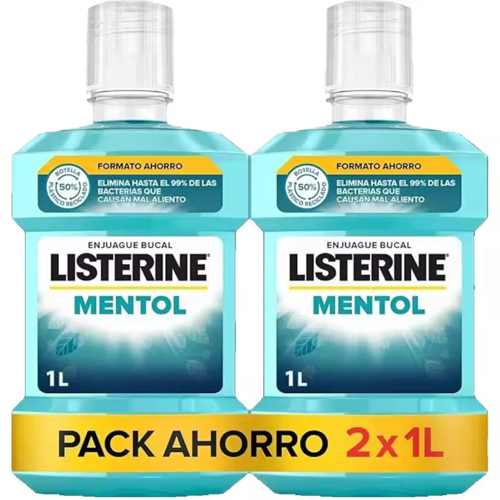 Listerine Enjuague Bucal Mentol 1L, Pack Ahorro 2x1L, Colutorio Con Flúor, Ofrece 24 Horas De Protección, Elixir bucal Mentolado Para un Aliento Fresco y Duradero - 1