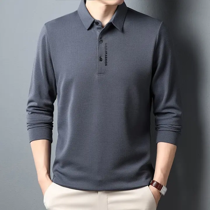 Camisa Polo Para Hombre Casual Larga Transpirable Cómoda Versátil De Color Sólido Con Insignia Moda Negocios Top Regular - 1
