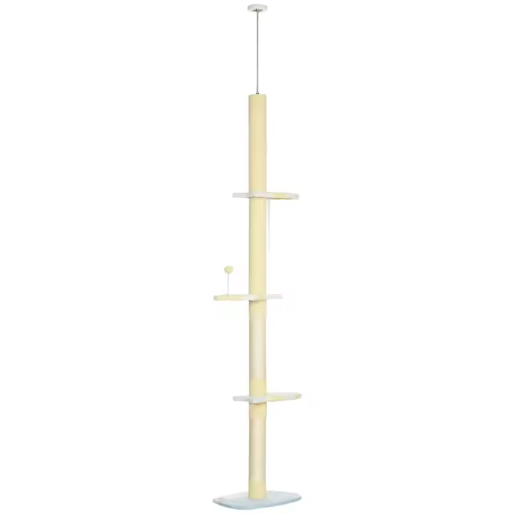 PawHut Árbol para Gatos del Suelo al Techo 220-260 cm Altura Ajustable Torre para Gatos con 3 Plataformas Poste Escalador de Sisal y Bola para Jugar 47x34x220-260 cm Amarillo - 1
