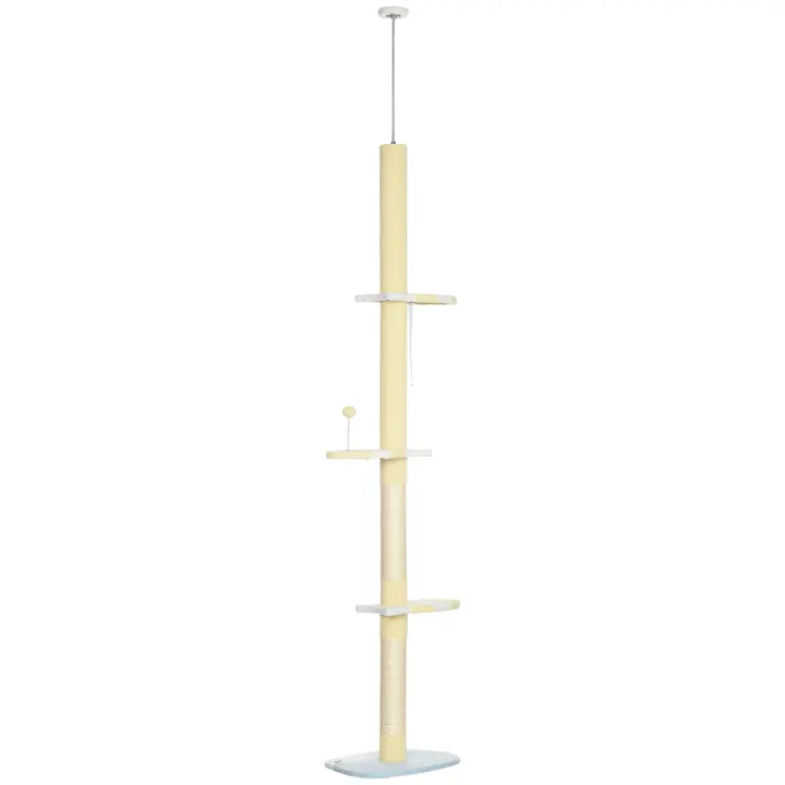 PawHut Árbol para Gatos del Suelo al Techo 220-260 cm Altura Ajustable Torre para Gatos con 3 Plataformas Poste Escalador de Sisal y Bola para Jugar 47x34x220-260 cm Amarillo - 1