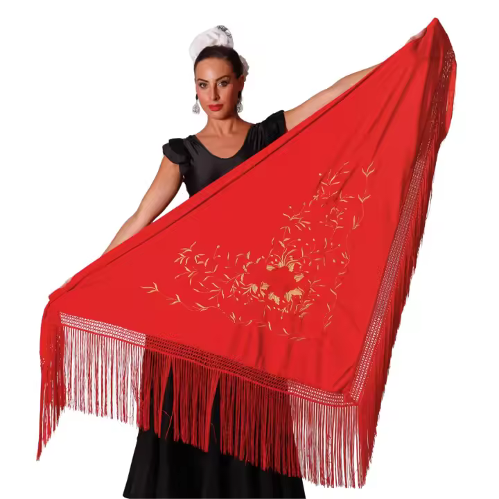 Mantón de manila rojo bordado a una cara con flores rojas y doradas. Medida GRANDE, triangular de flamenco o sevillanas (190X90cm) - Marca ANUKA - 1