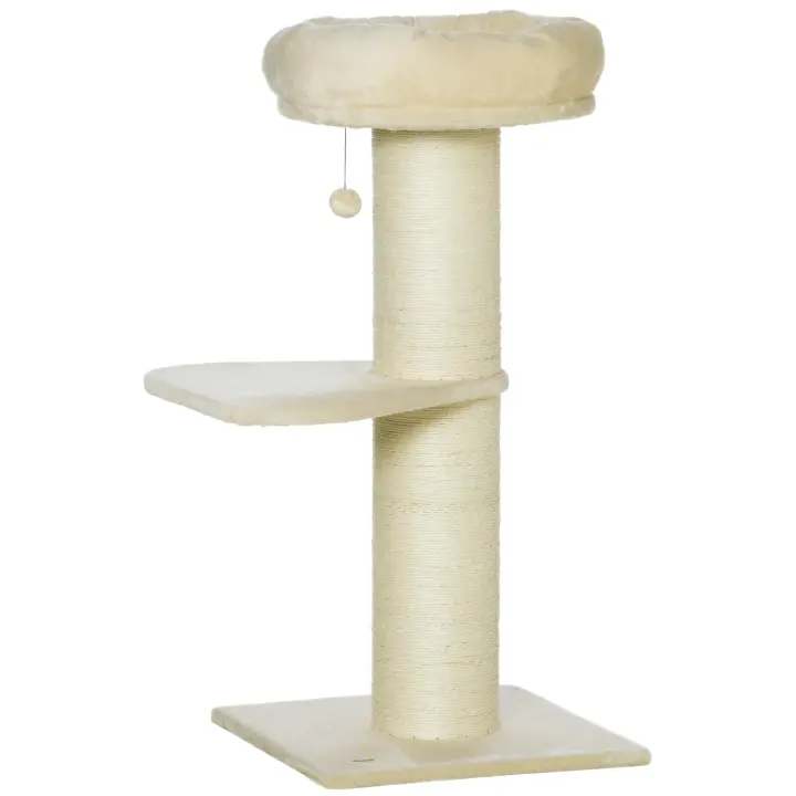 PawHut Árbol para gatos de sisal natural, poste rascador con 2 plataformas, canasta de observación, pelota colgante de juego de felpa beige - 1